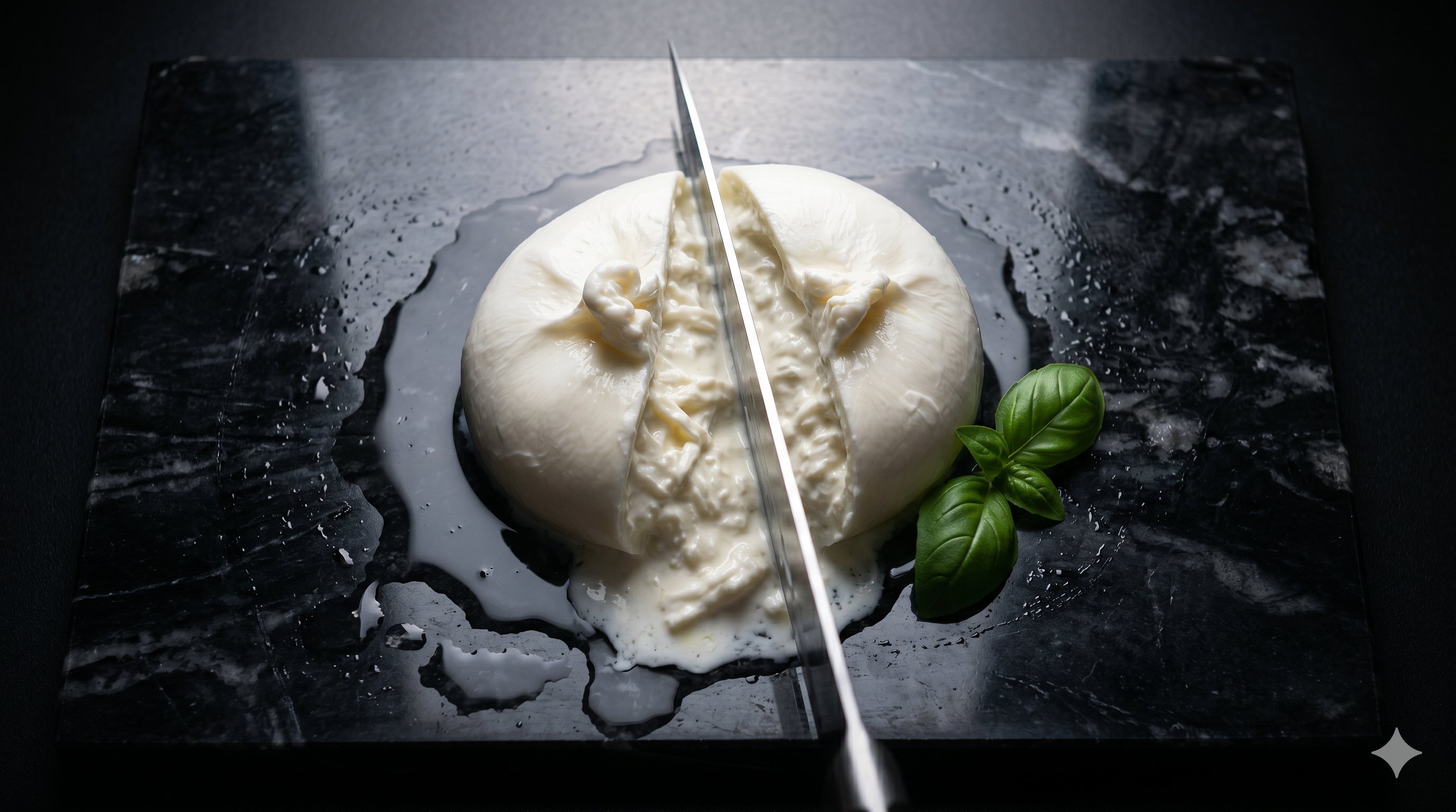 Burrata aufgeschnitten mit cremigem Inneren