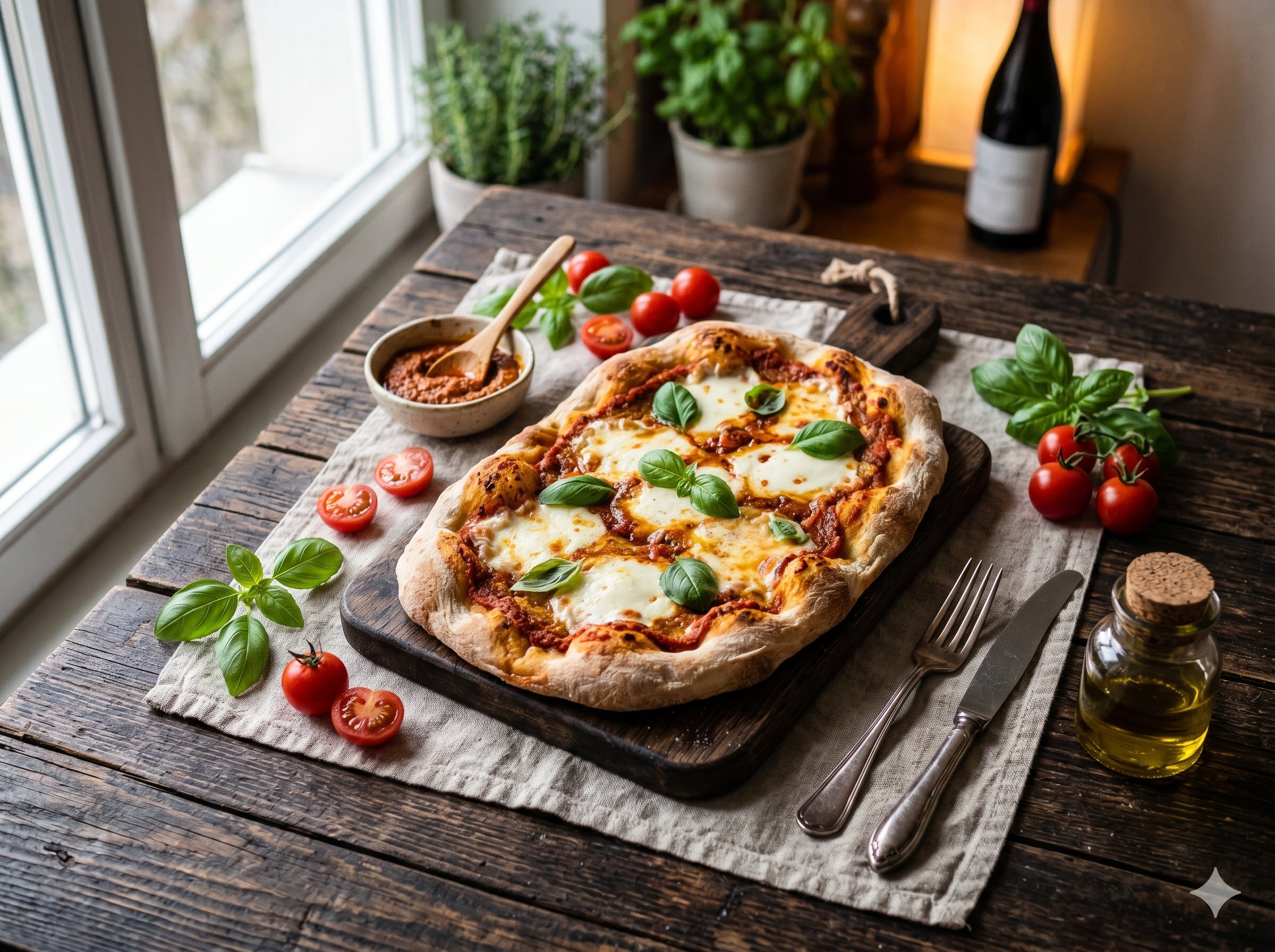 Frisch gebackene Pinsa Romana aus dem Steinofen